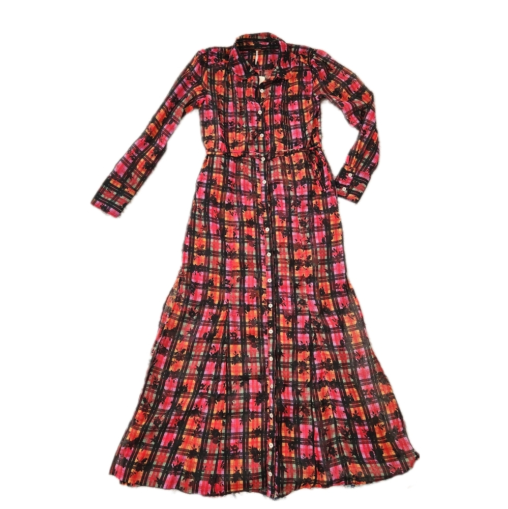Free People Jerra Shirt Dress In Pink Long Sleeve Button Down Plaid Maxi Dress - Picture 2 of 16